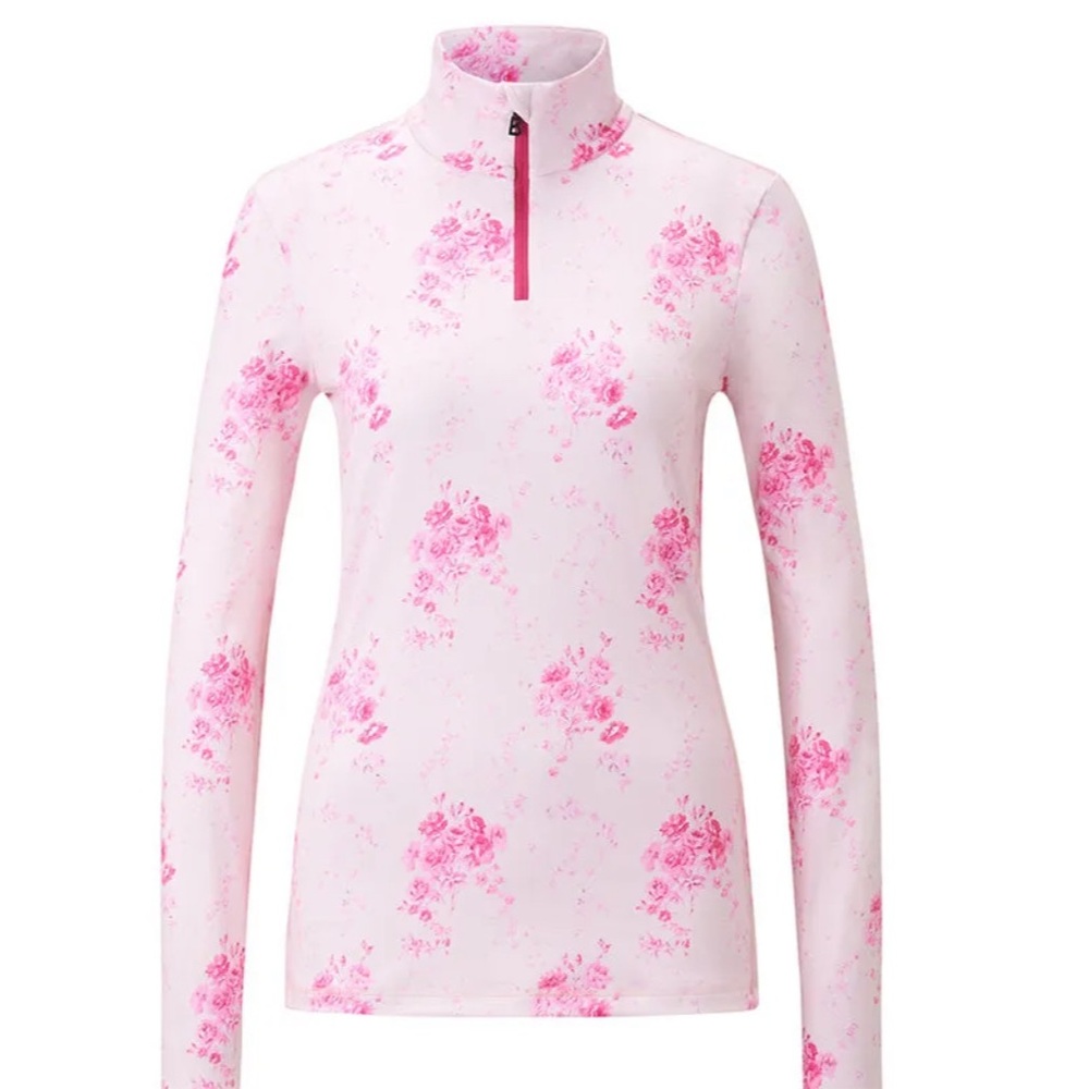 LoveShackFancy x Bogner Pink Floral Long Sleeve Top for base layer skiing.